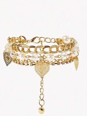 Gold Pearl Heart Charm Bracelet Set